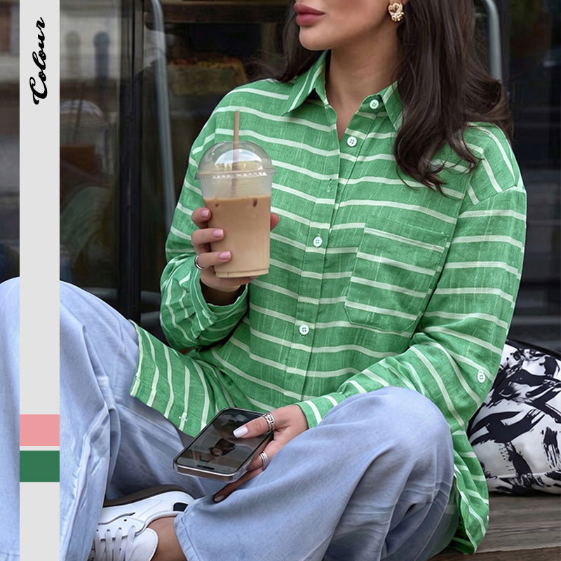 Striped Cotton Blend Shirt Korean Casual Oversized Blouse