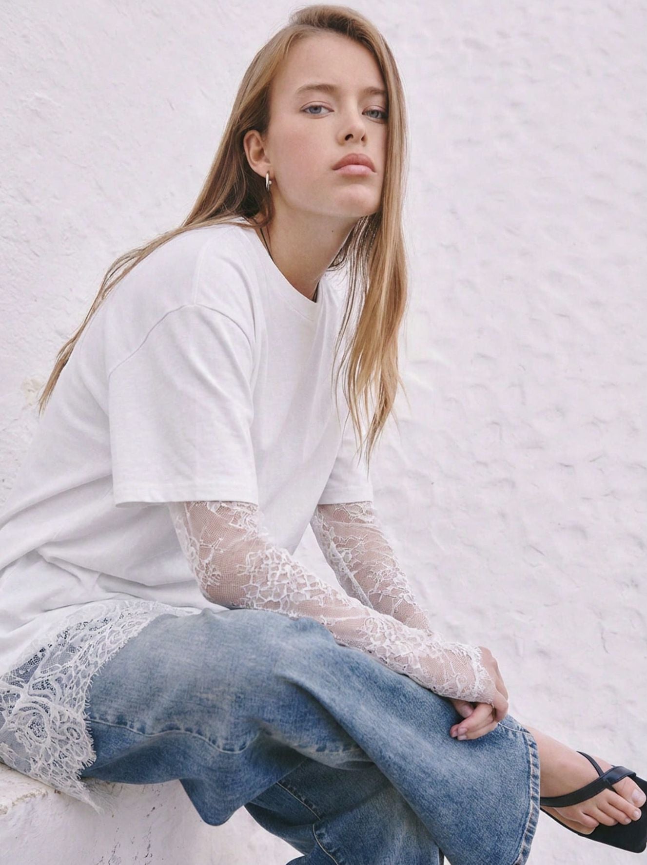 Women Lace Patchwork Sheer Sleeve Loose T Shirt