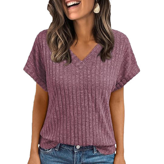 Solid Ribbed T Shirt Casual V Neck Loose Fit
