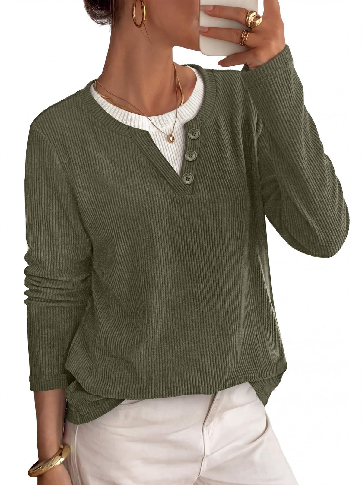 Women's Oversized Ribbed Henley Layered Long Sleeve Top