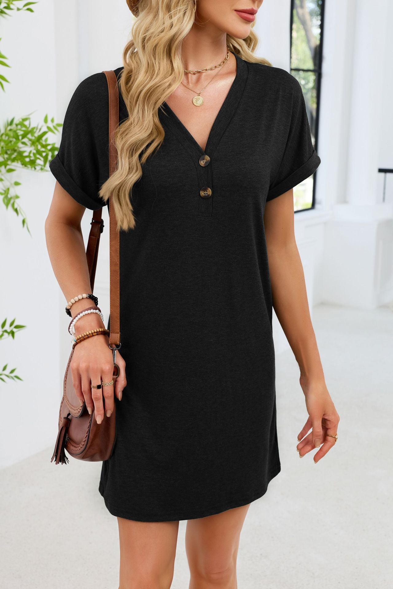 Casual V-Neck Short Sleeve Button Mini T-Shirt Dress