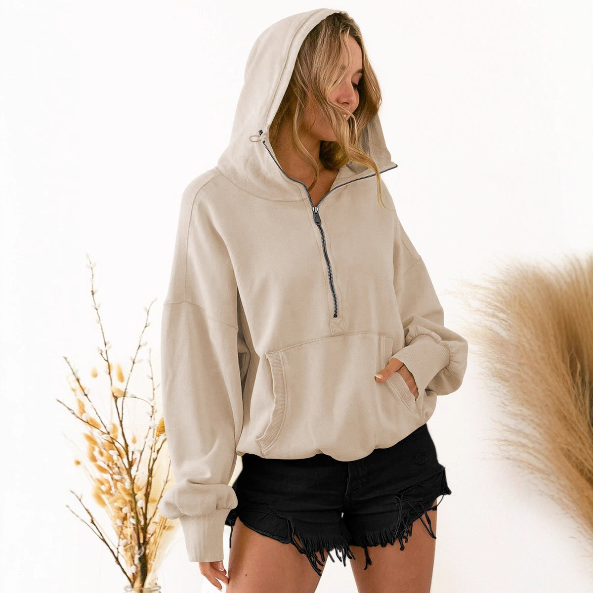 Women's Oversized Half Zip Hoodie Sweatshirt Pullover