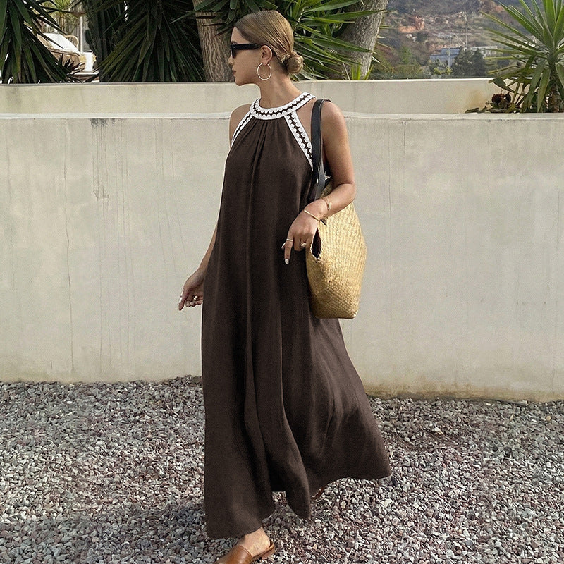 Solid Cotton Maxi Dress Halter Resort Loose Fit