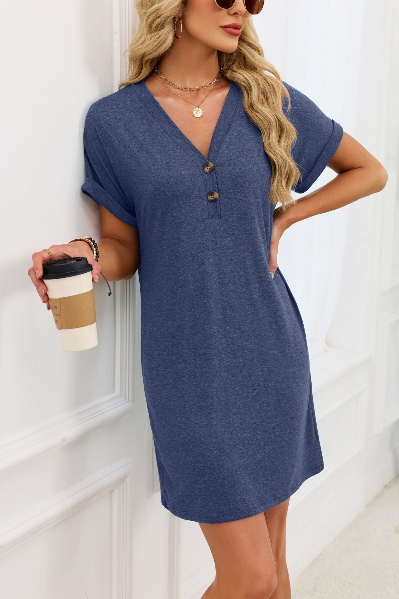 Casual V-Neck Short Sleeve Button Mini T-Shirt Dress