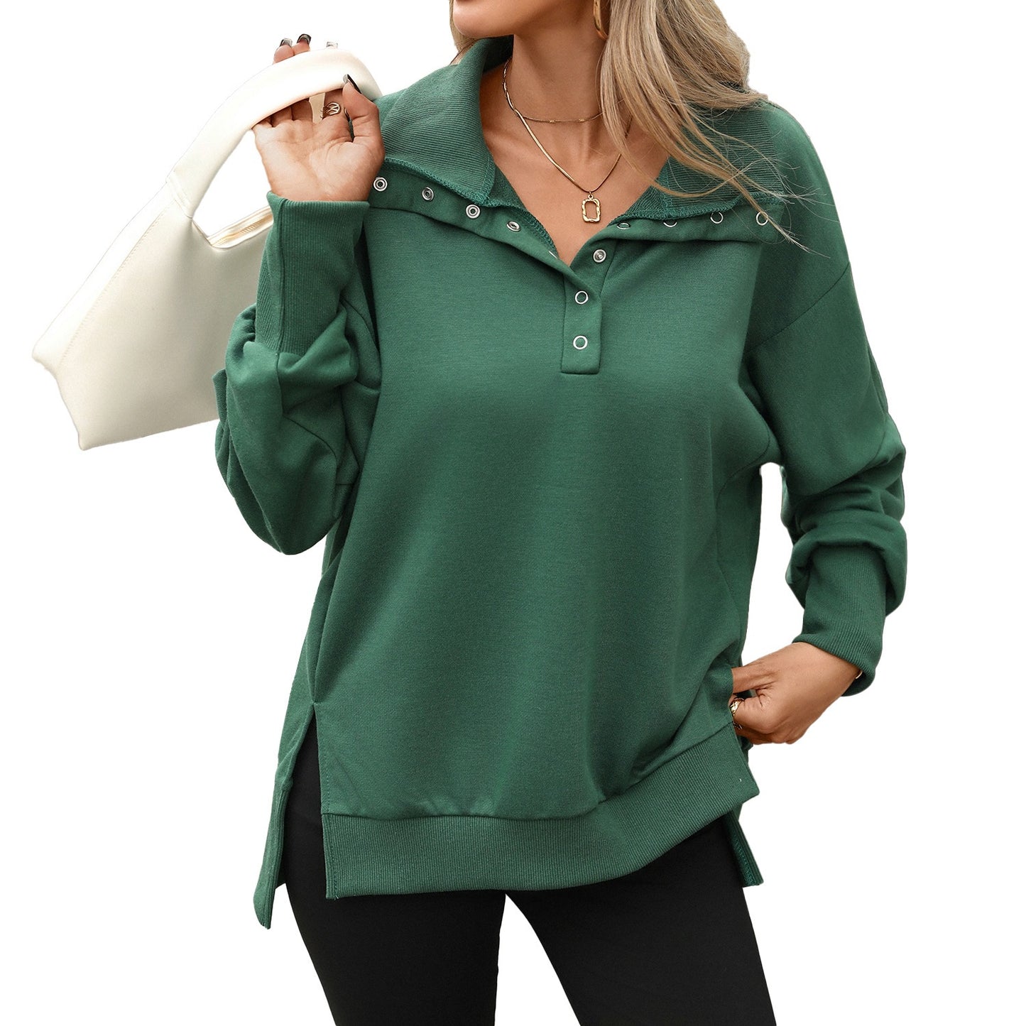 Women's Oversized Button Collar Long Sleeve Sweatshirt