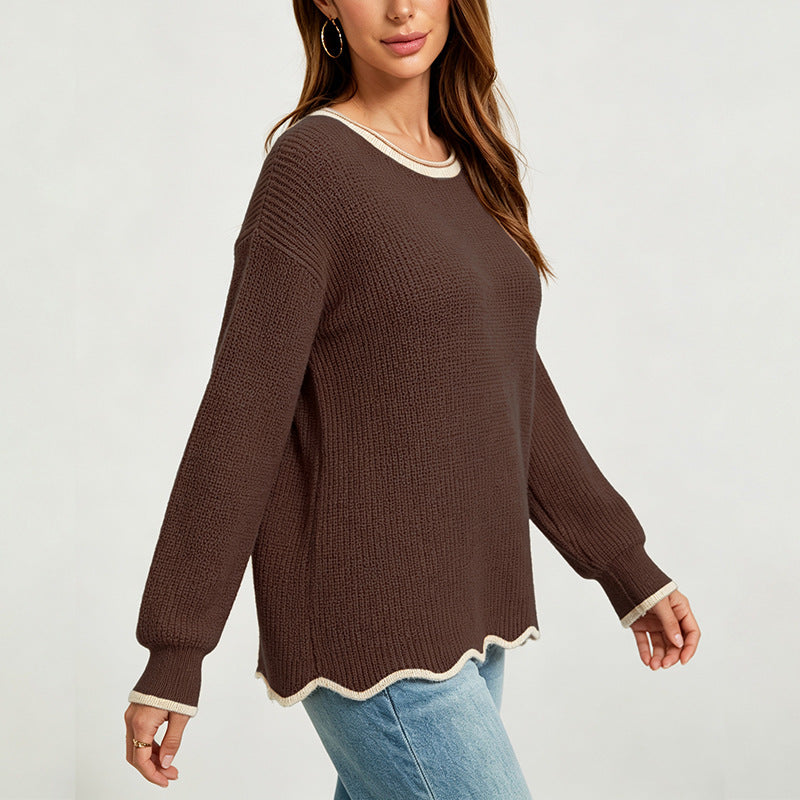 Women's Scalloped Hem Contrast Trim Pullover Sweater