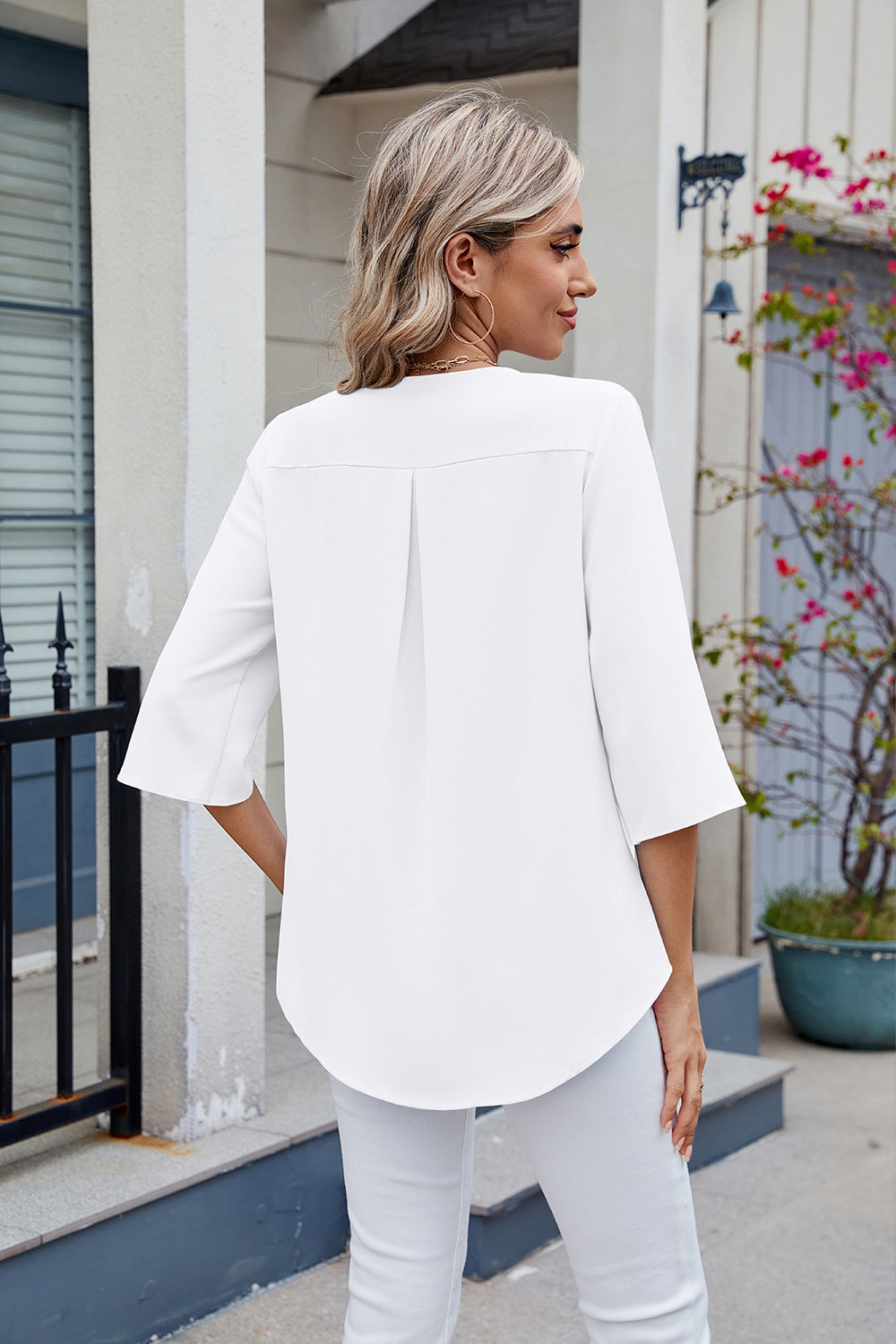 V-Neck Ruffle Mid-Sleeve Chiffon Shirt