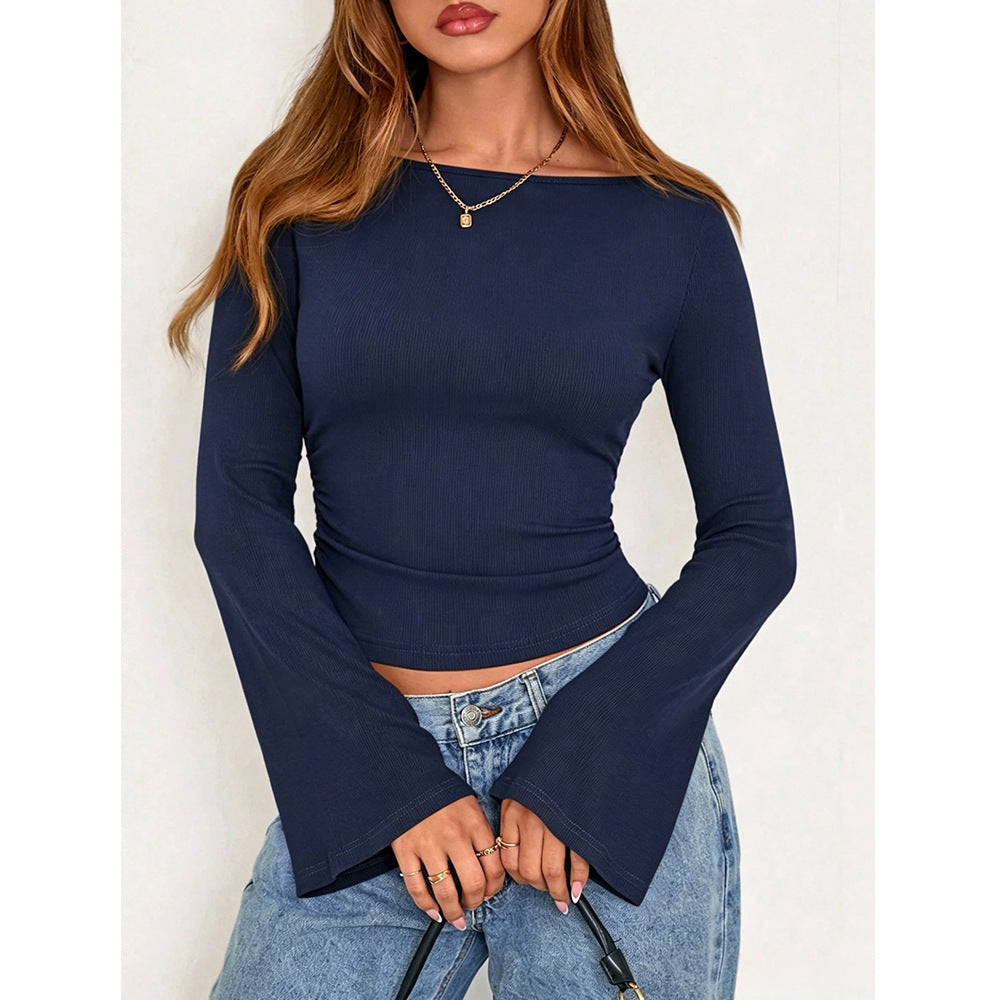Solid Ribbed Top Trendy Boat Neck Bell Sleeve Slim Fit