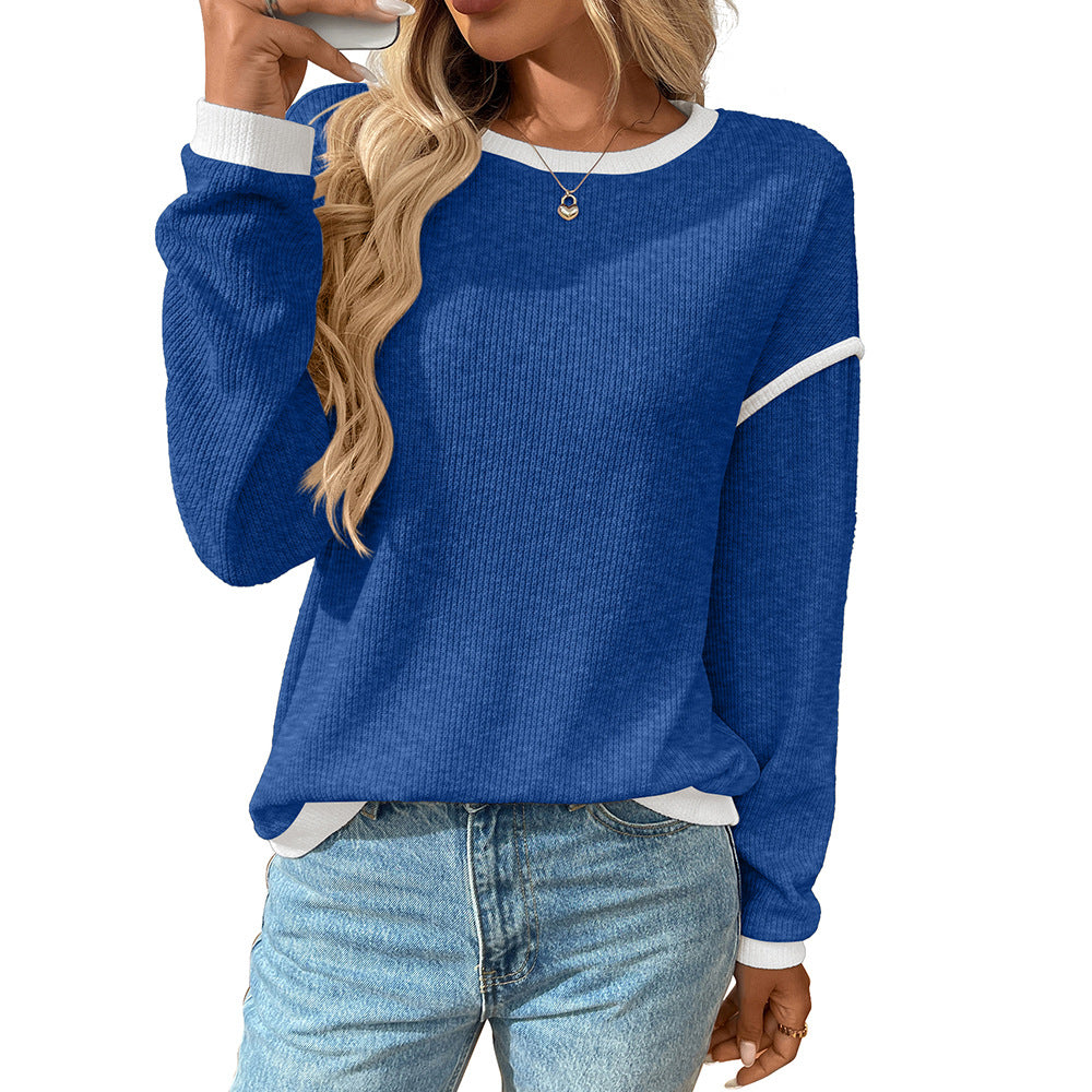 Colorblock Crewneck Knit Look Long Sleeve Pullover Top