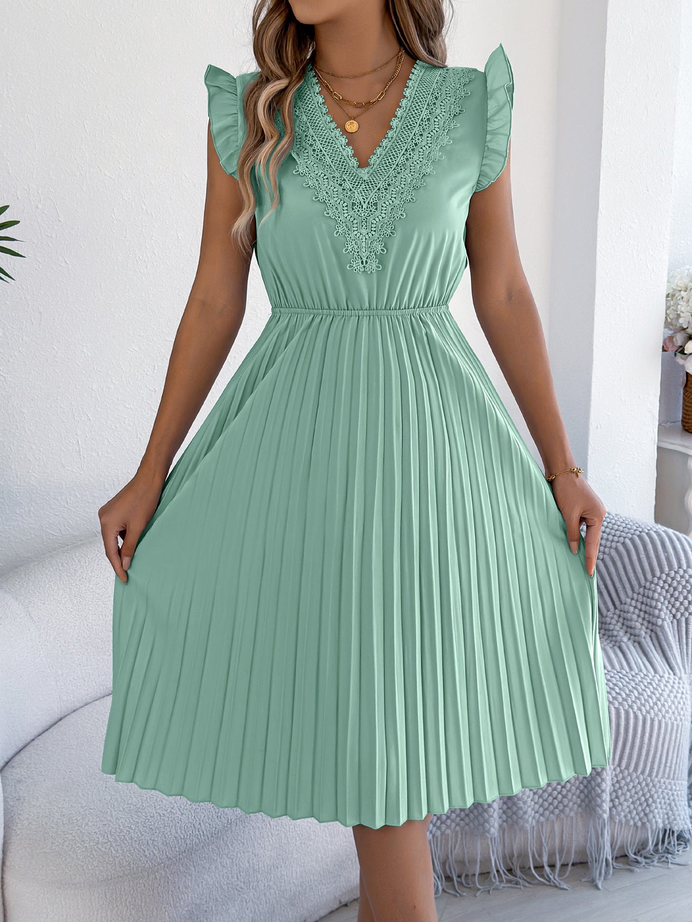 Pink Lace V Neck Pleated Midi Dress with Flutter Sleeves
