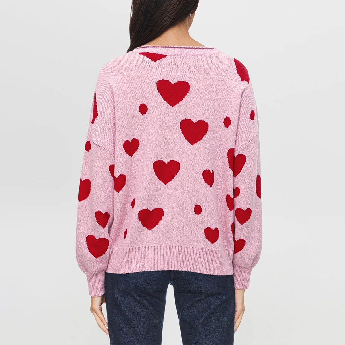 Women's Heart Print Oversized Crewneck Knit Sweater