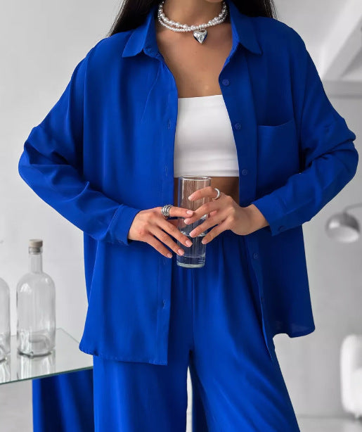Two Piece Pants Set with Button-Down Shirt & Wide-Leg Pants