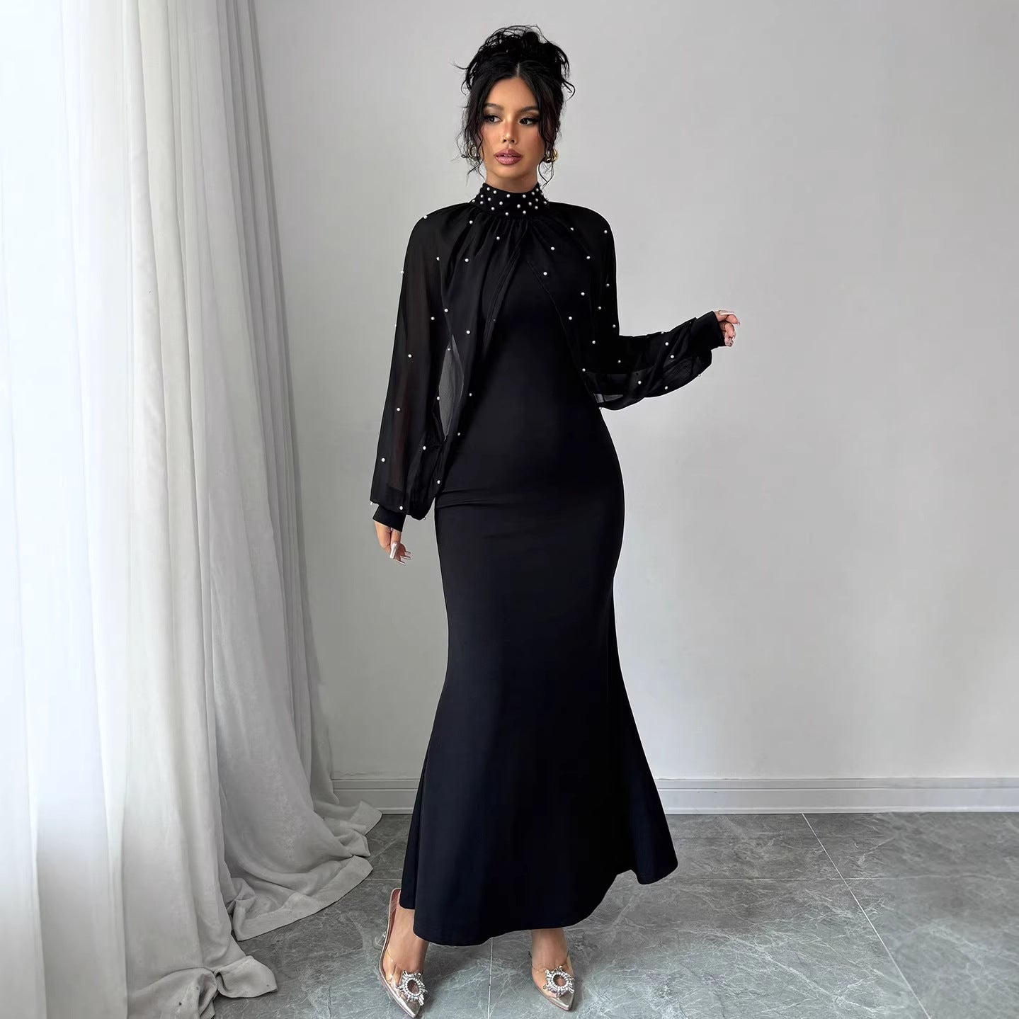 Black Pearl Embellished Sheer Sleeve Mermaid Maxi Dress