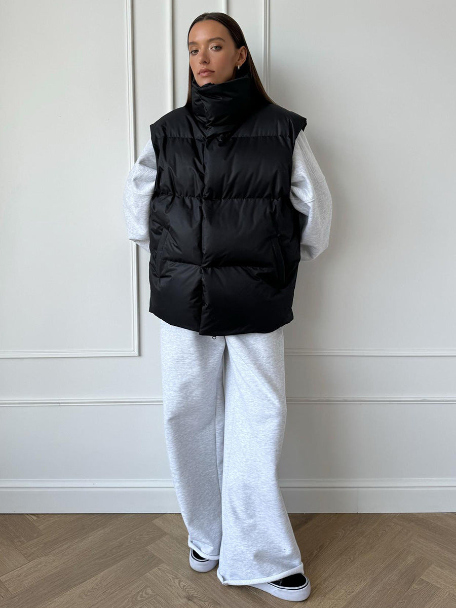 Oversized Longline Puffer Vest High Collar Zip Front