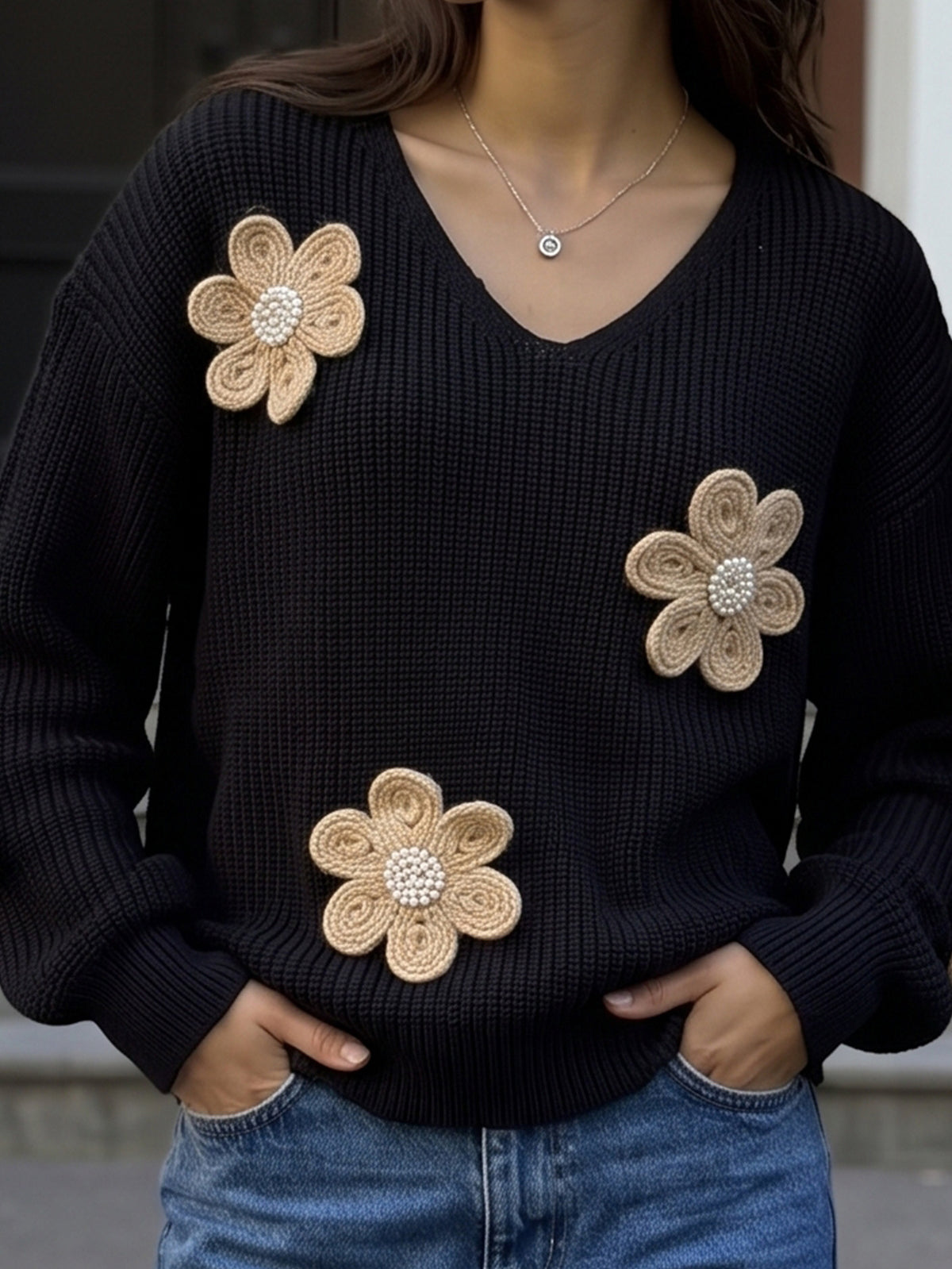 V-Neck Beaded Flower Sweater Balloon Sleeve Pullover