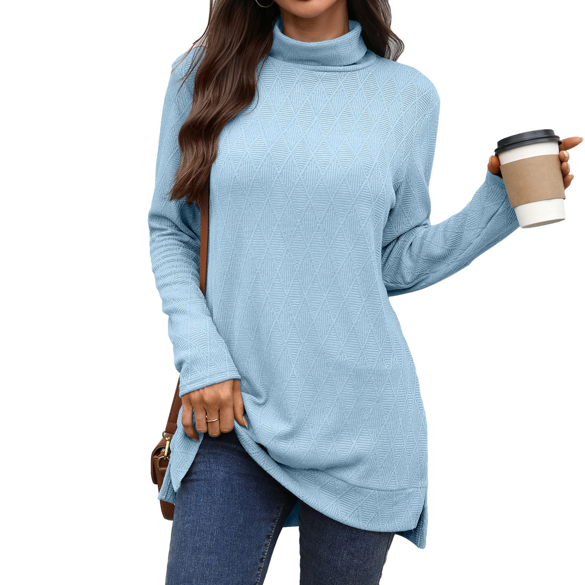 Oversized Turtleneck Long Sleeve Side Slit Tunic Top