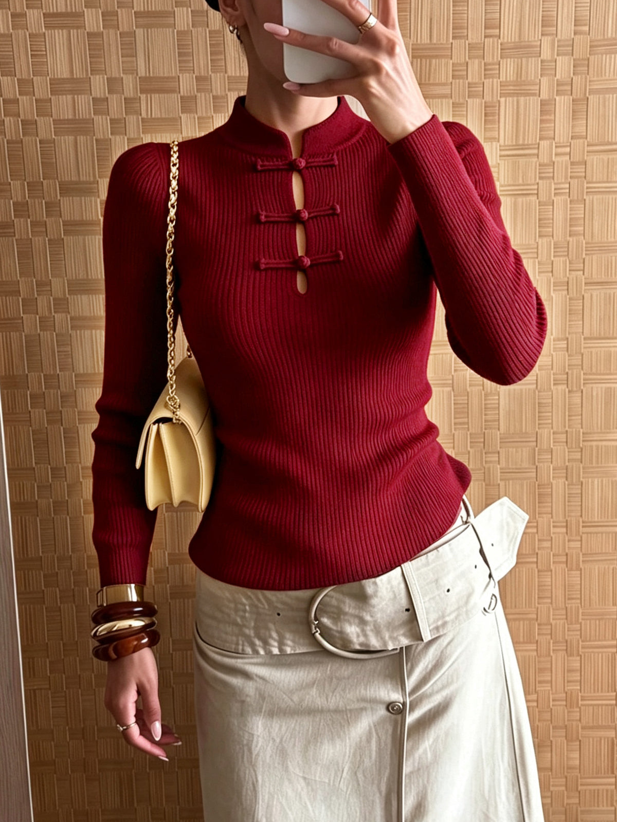 Women's Ribbed Mock Neck Frog Button Fitted Sweater Top