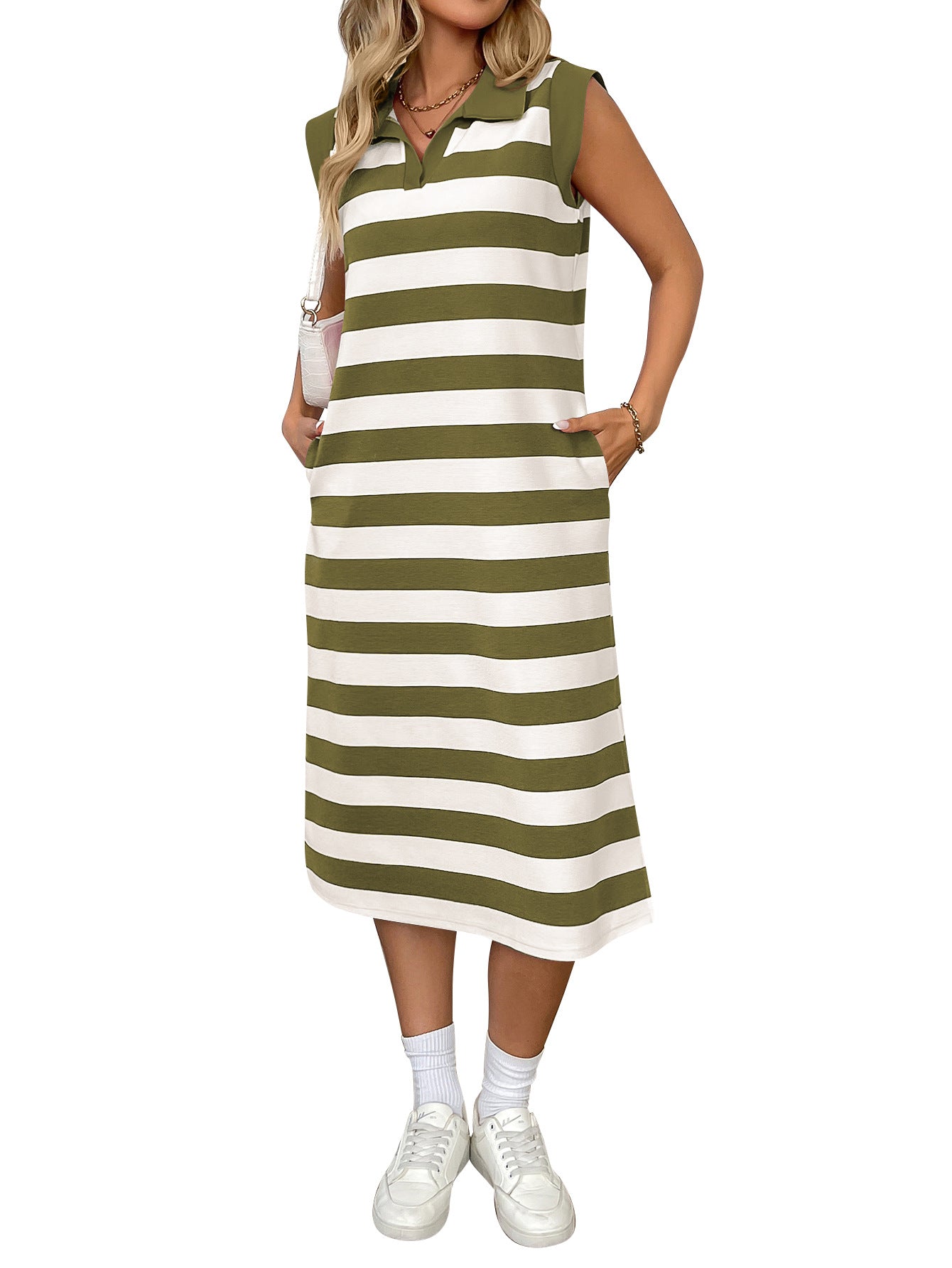 Striped Polo Collar Sleeveless Midi Dress with Pockets