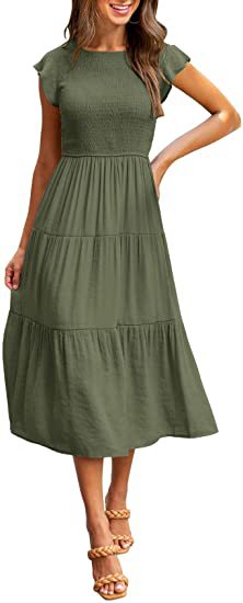 Smocked Waist Flutter Sleeve Tiered Midi Dress for Women