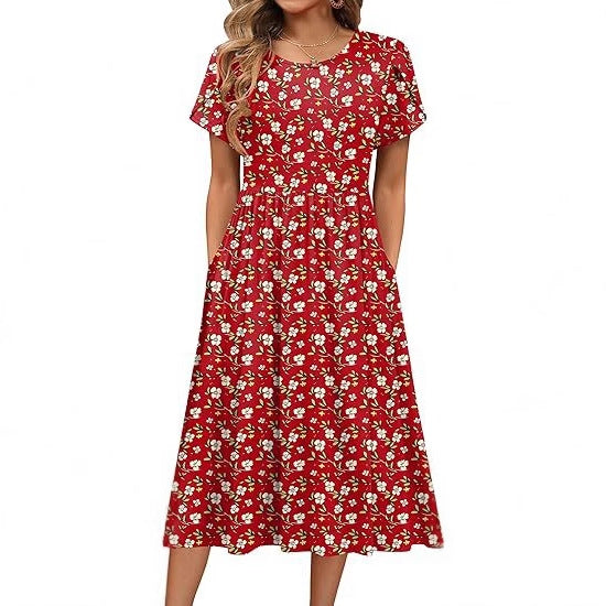 Boho Floral Midi Dress for Women Round Neck Short Sleeve