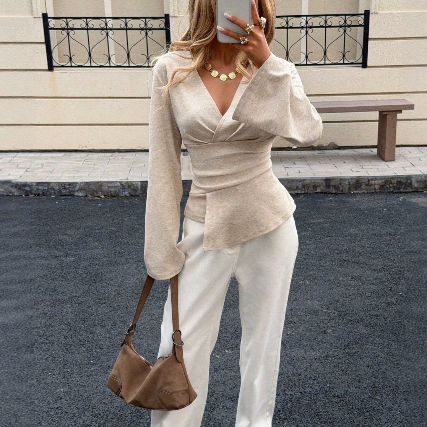 Solid Ribbed Top Elegant Wrap V Neck Asymmetrical Hem
