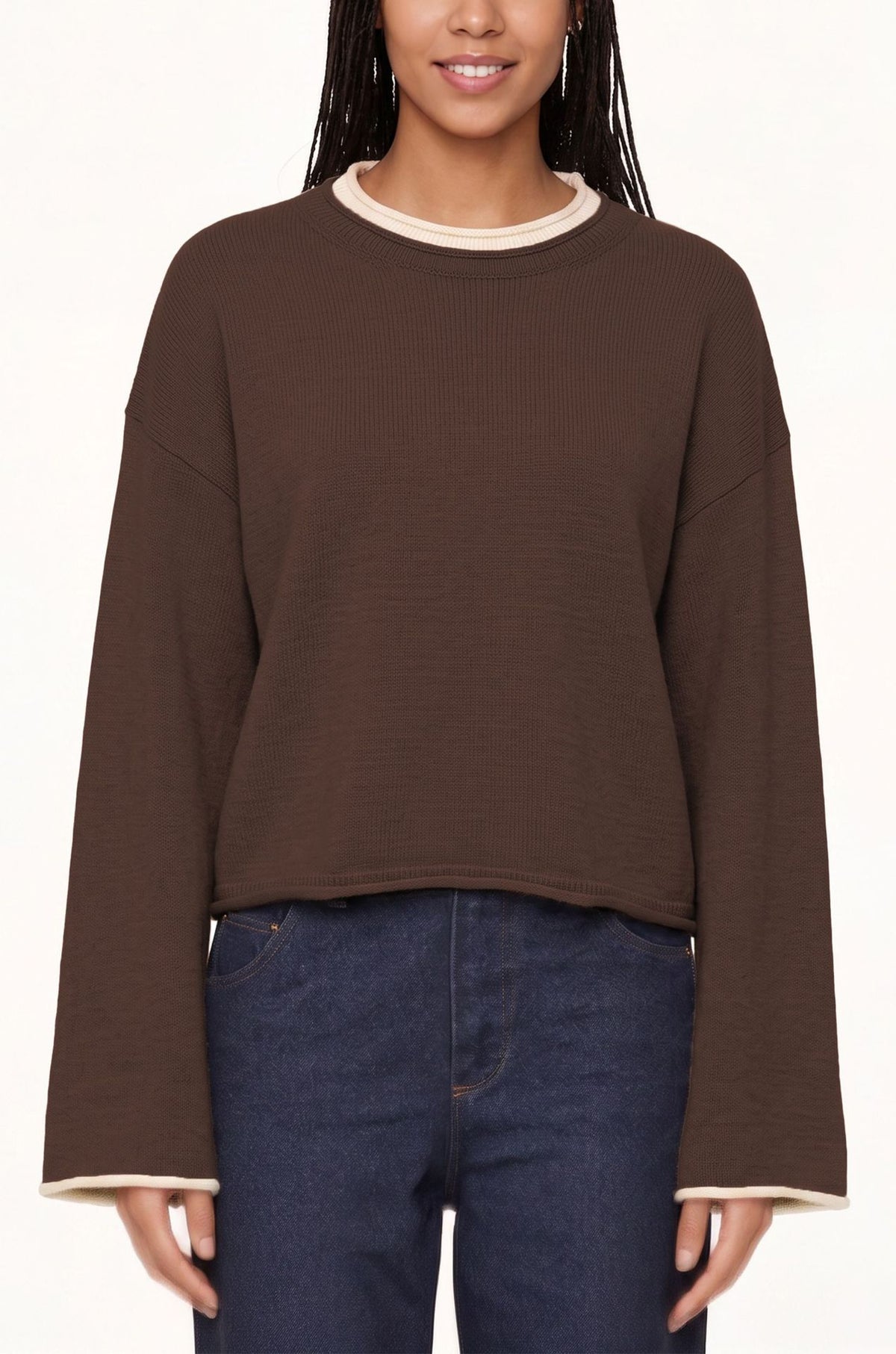Women's Contrast Trim Crew Neck Oversized Knit Sweater