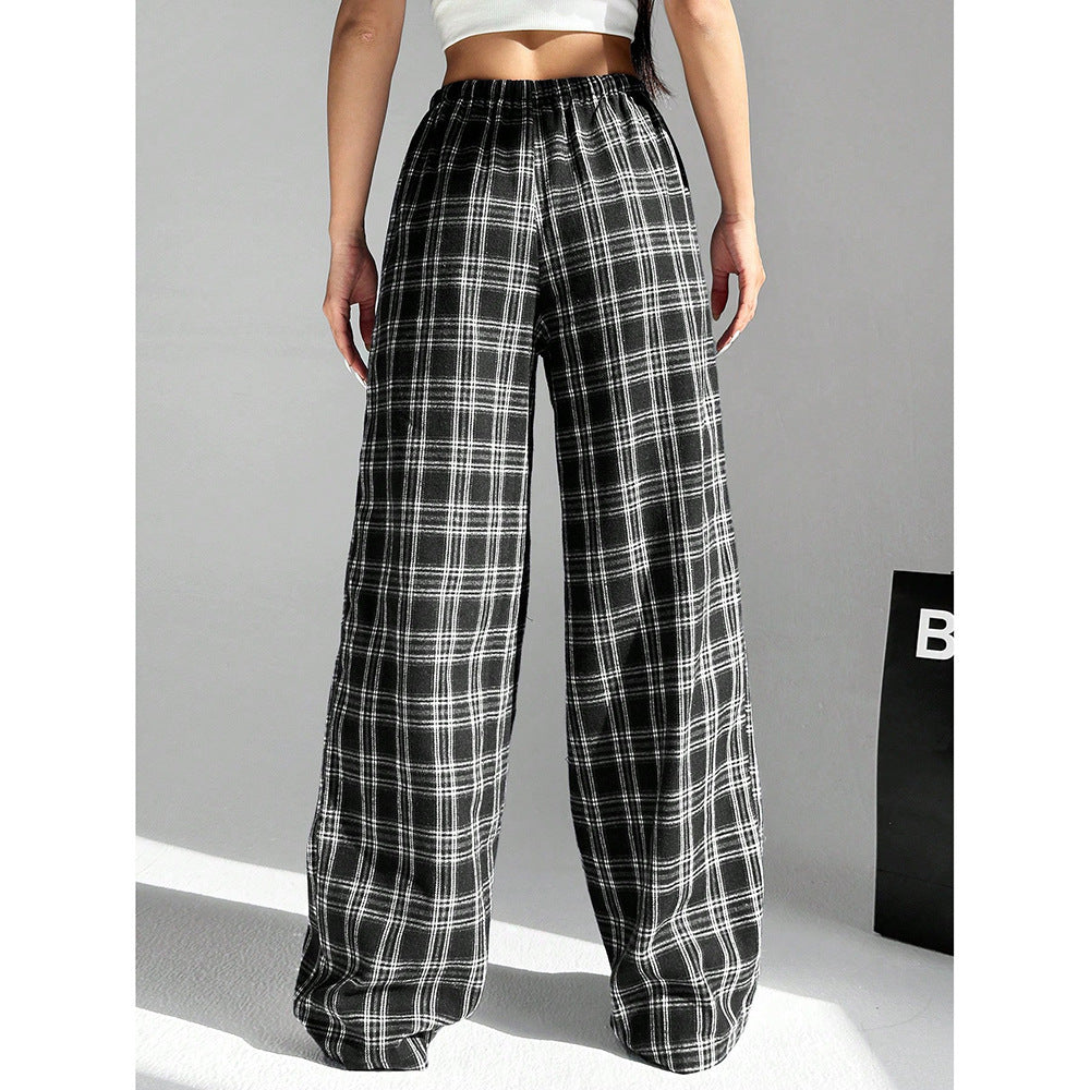 Gingham Check Wide Leg Casual Pants