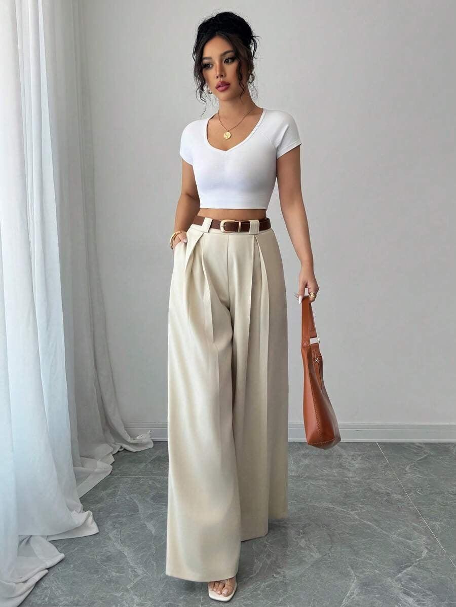 Women's High Waist Pleated Wide Leg Dress Pants