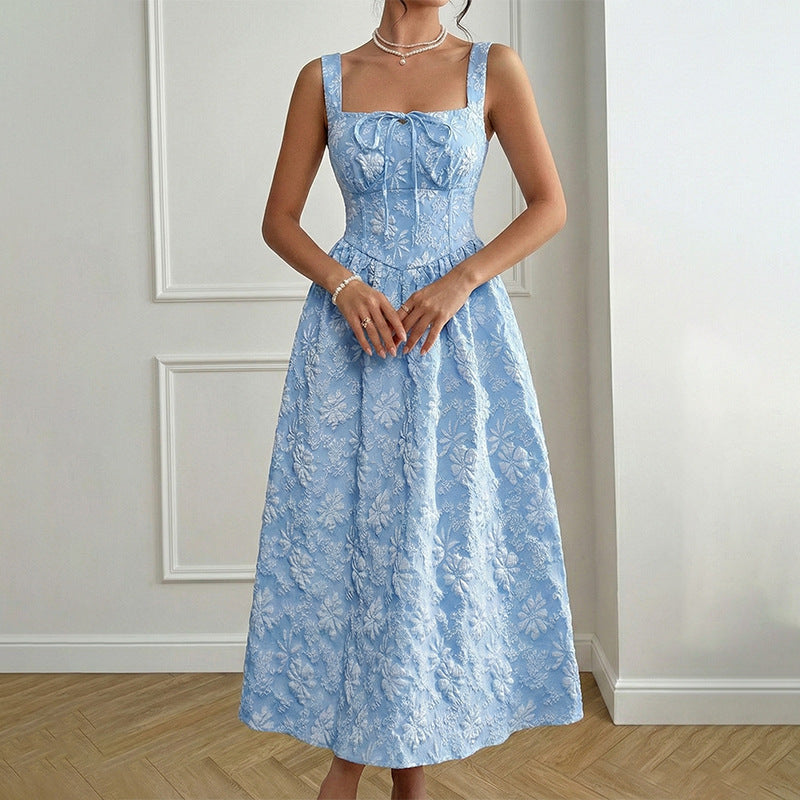 Floral Jacquard Midi Dress Square Neck A Line