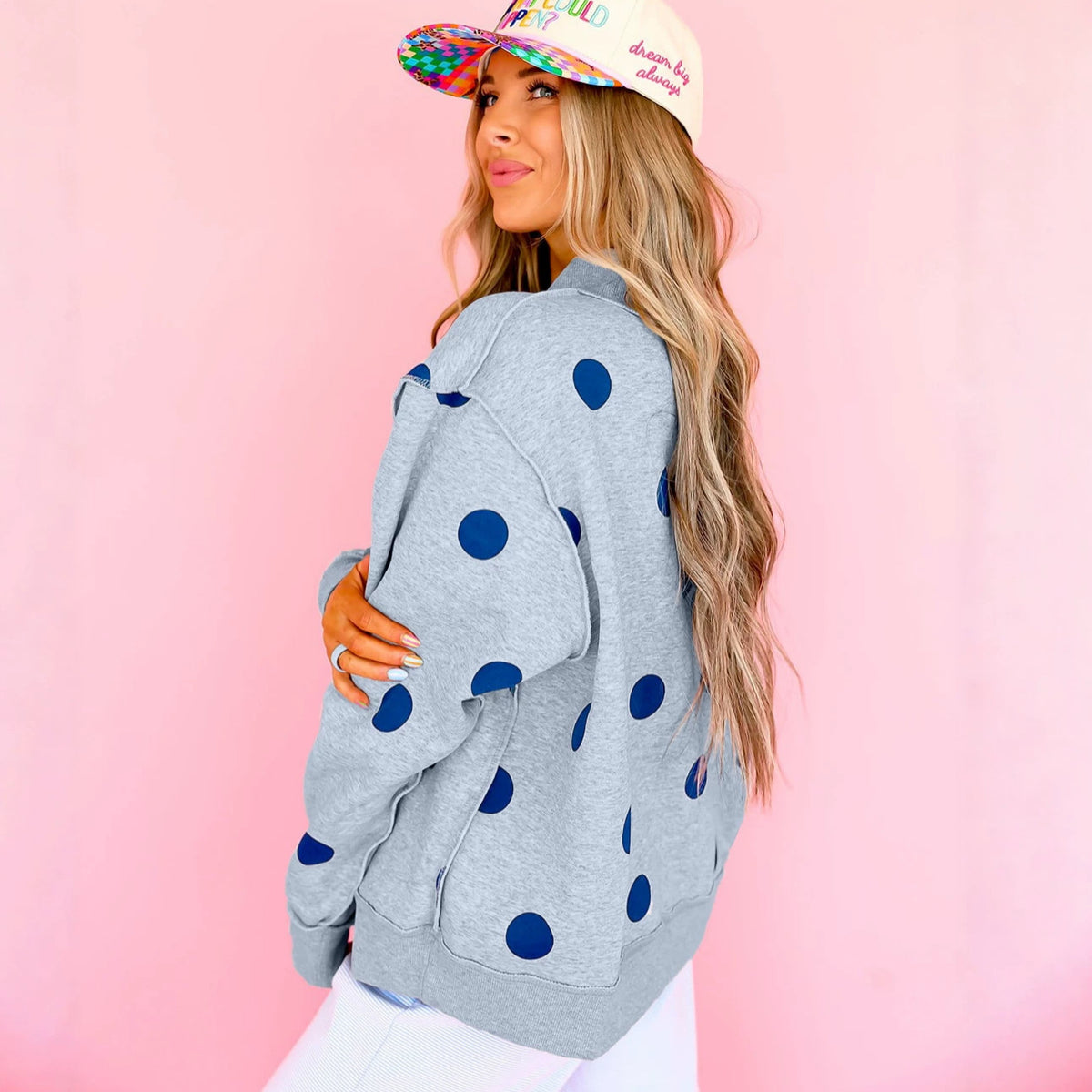 Womens Polka Dot Fleece Mock Neck Sweatshirt
