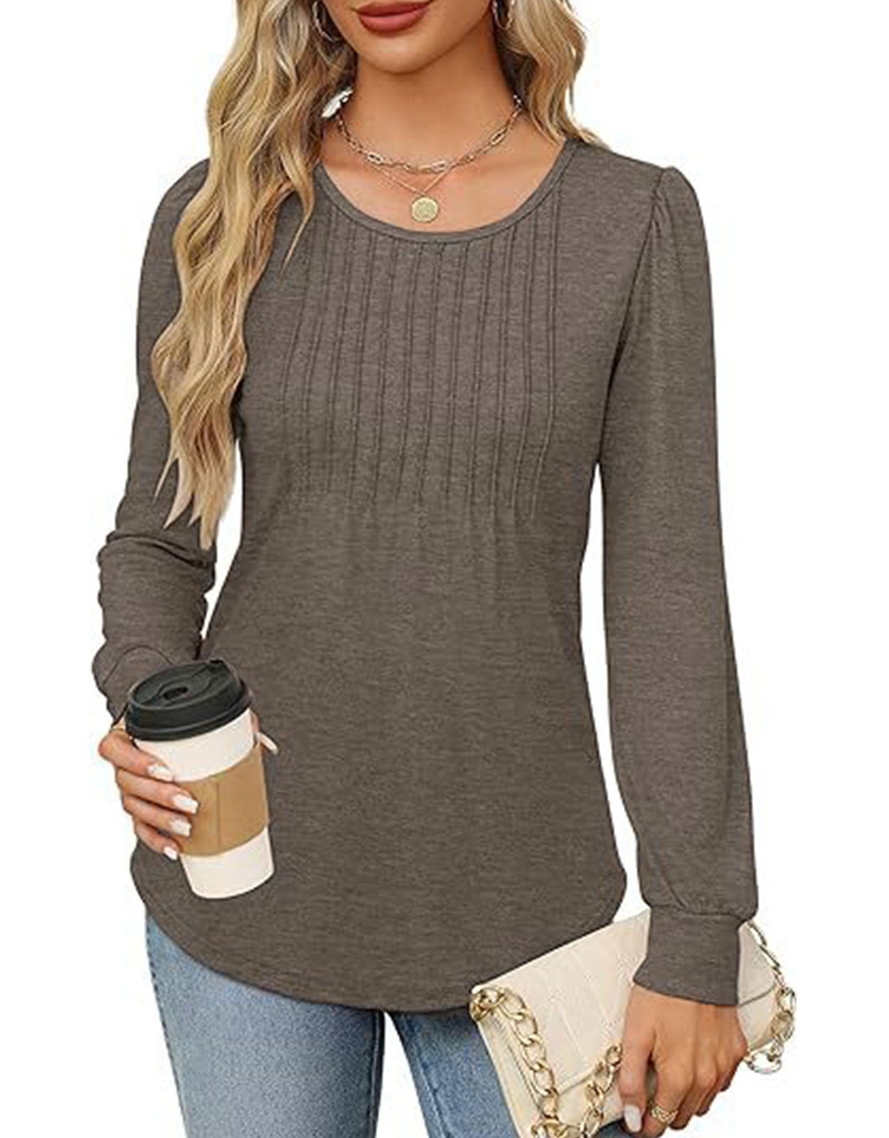 Solid Cotton Top Casual Pleated Puff Sleeve