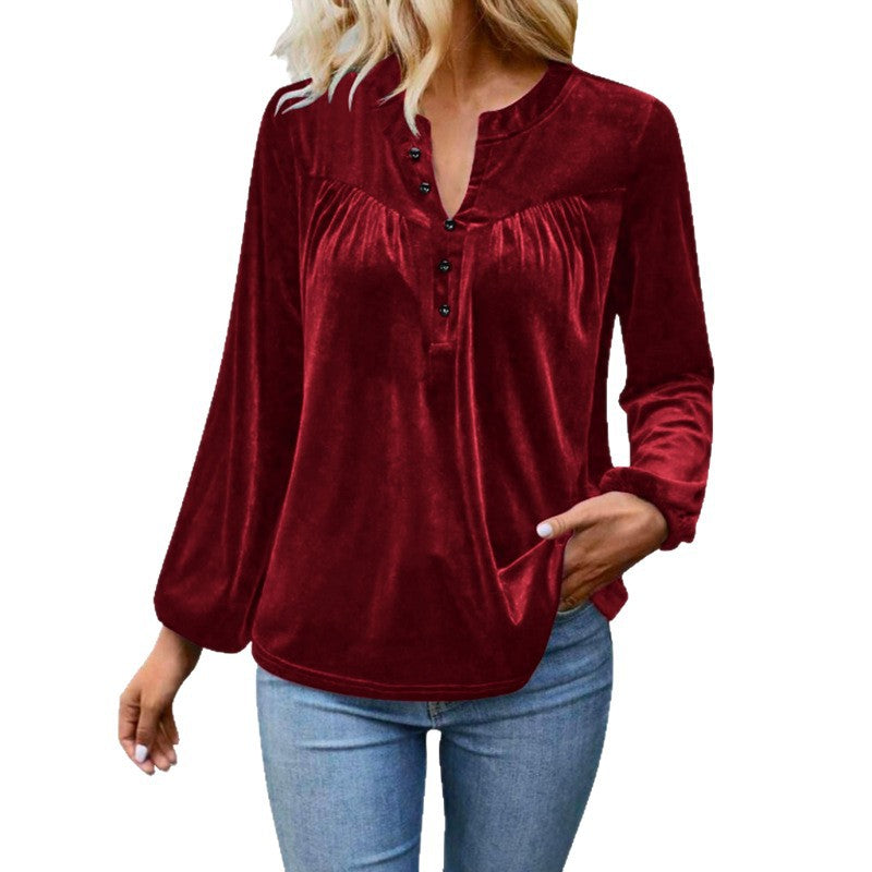 Velvet Henley Top Button Front Long Sleeve Relaxed Fit