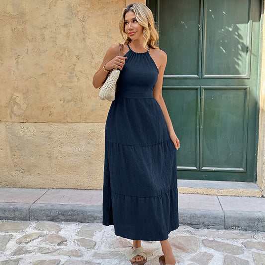 Solid Viscose Maxi Dress Halter Backless Vacation