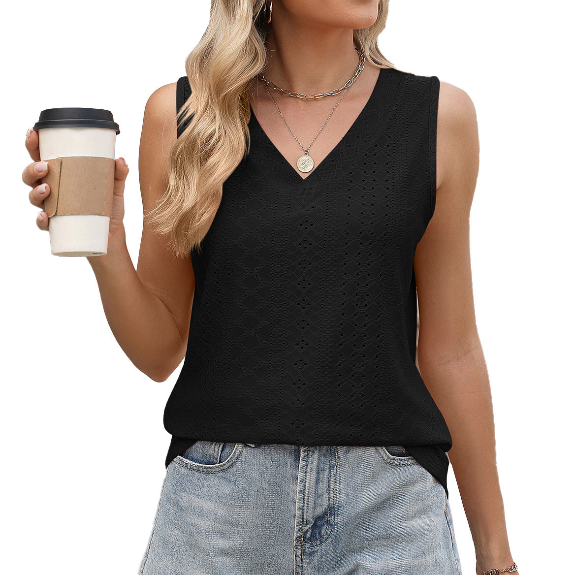 Eyelet V-Neck Sleeveless Cotton Tank Top for Women
