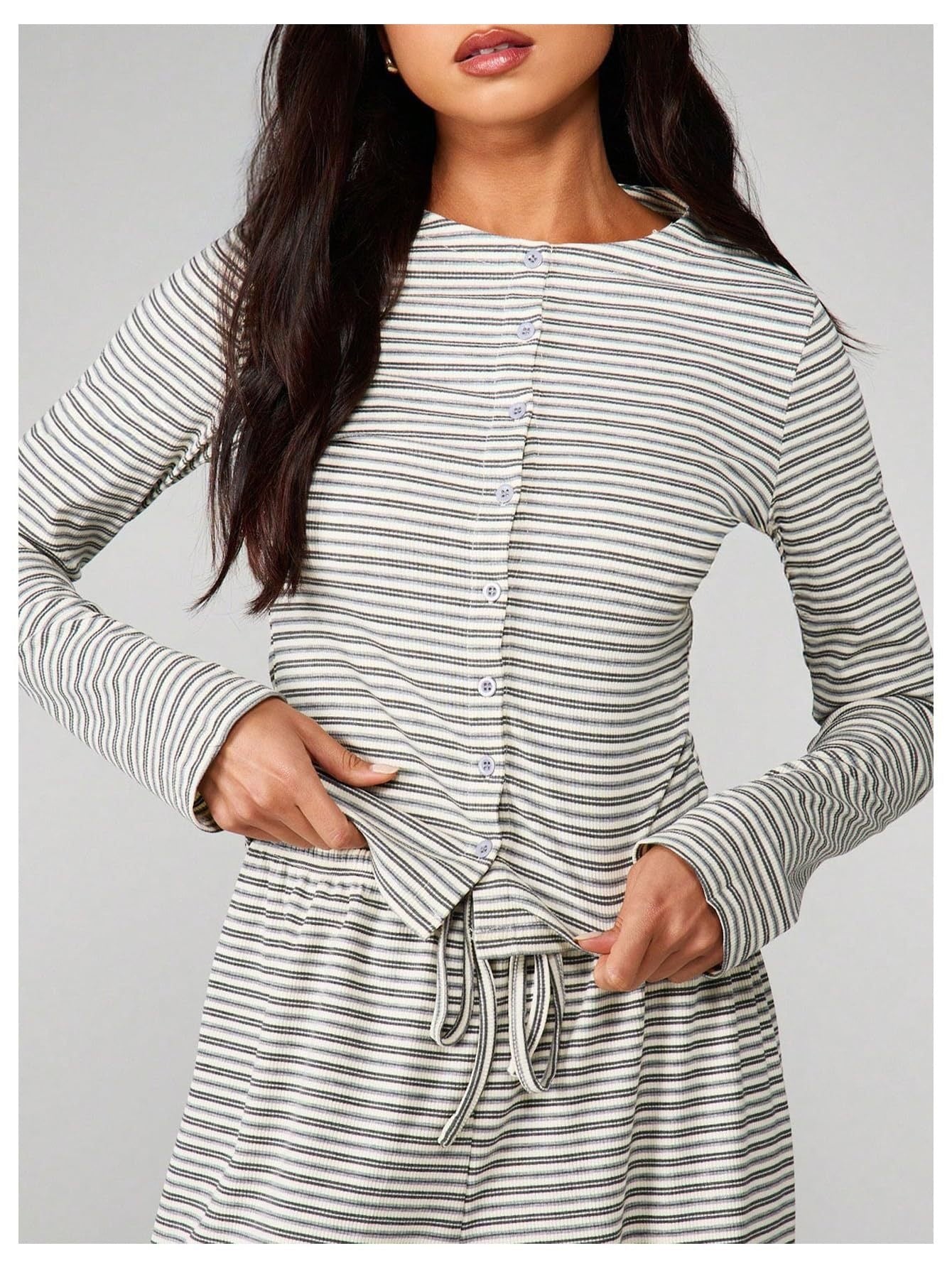 Striped Lounge Set Long Sleeve Top & Pants Soft Casual Outfit