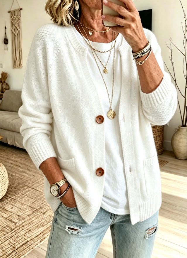 Button Front Crew Neck Pocket Knit Cardigan