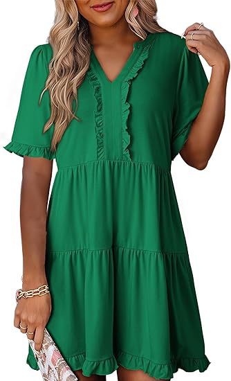 Green V Neck Ruffle Trim A Line Tiered Mini Dress
