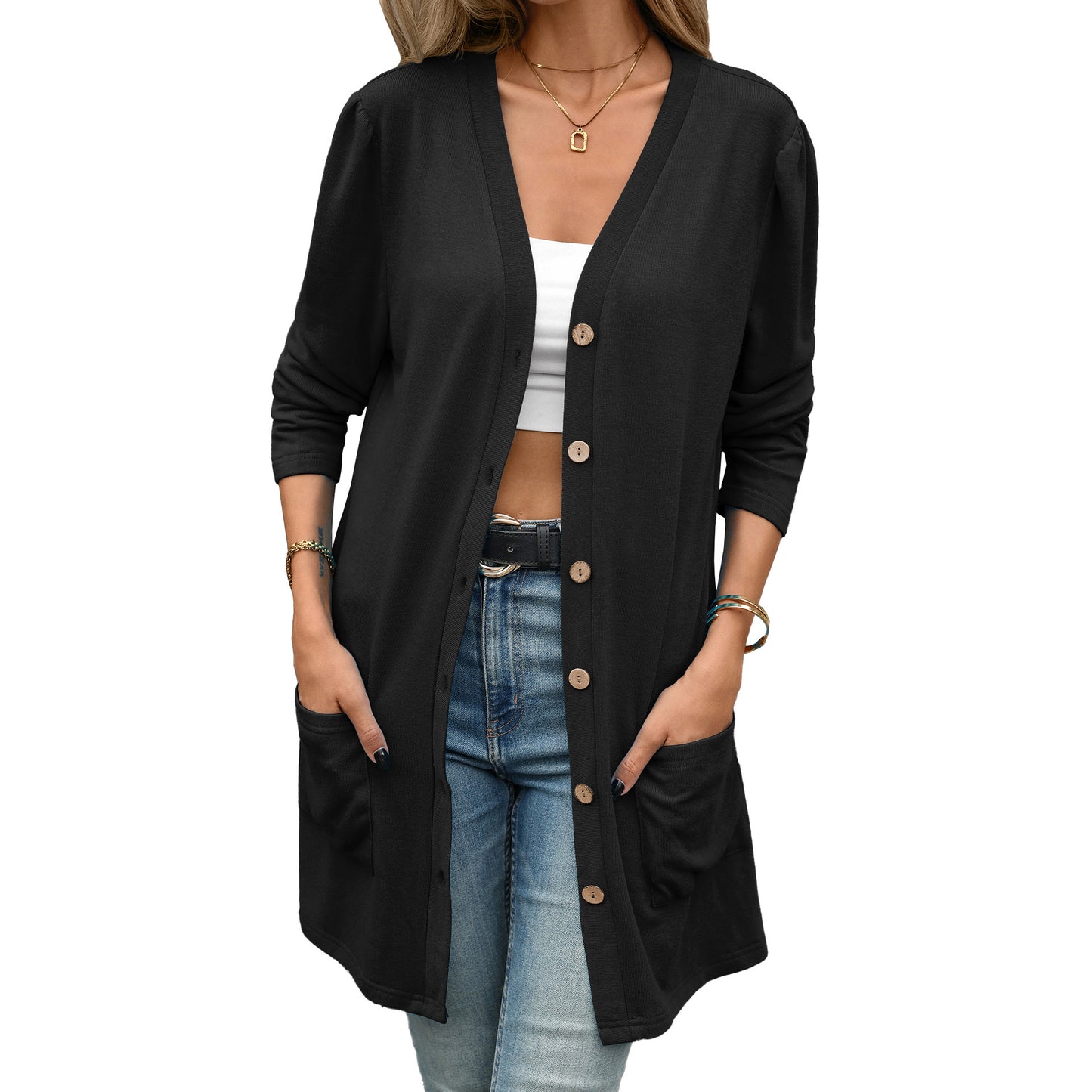 Women's V Neck Button Front Cardigan Long Sleeve Pockets
