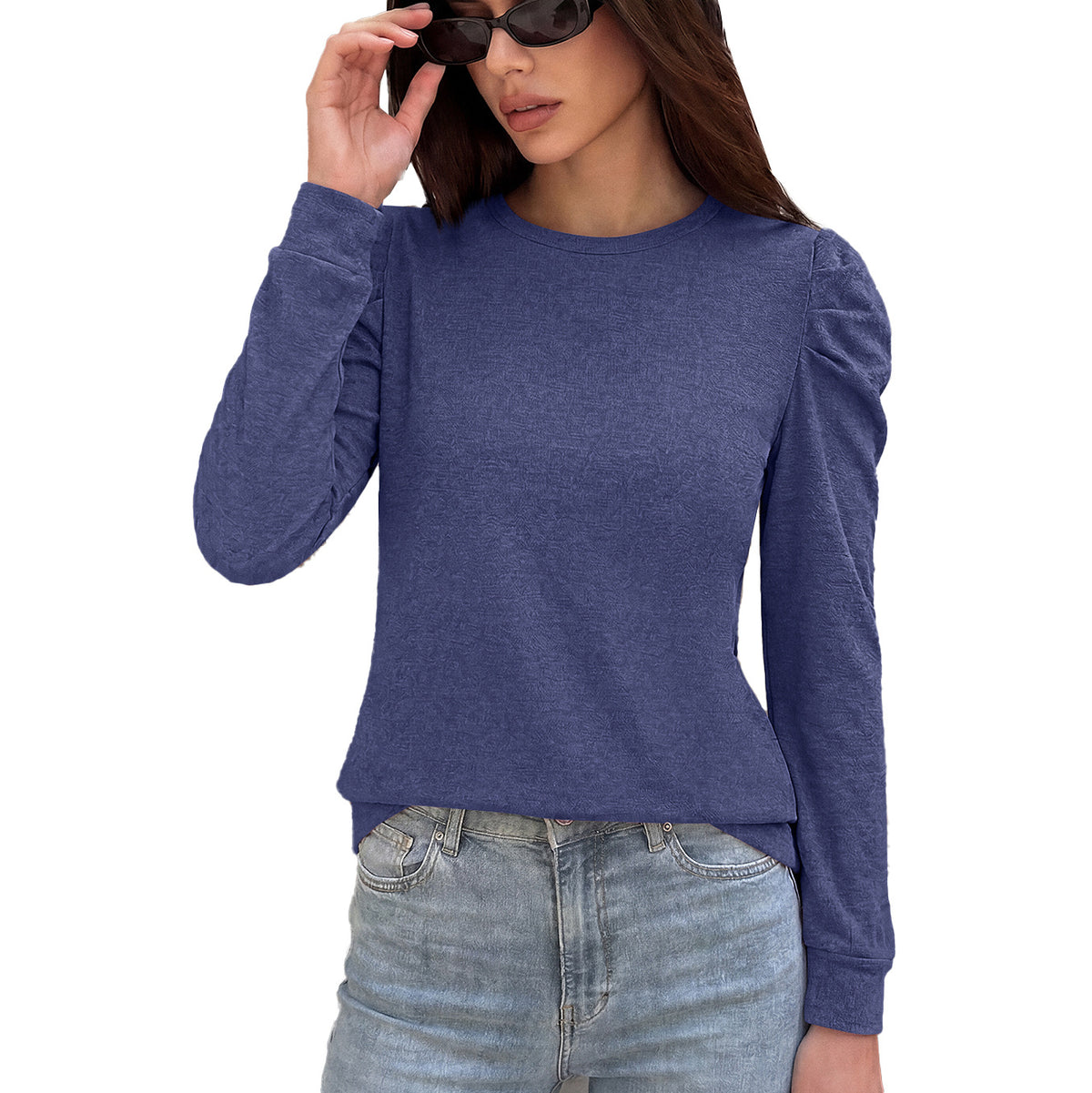Women's Brushed Puff Sleeve Crew Neck Long Sleeve Top