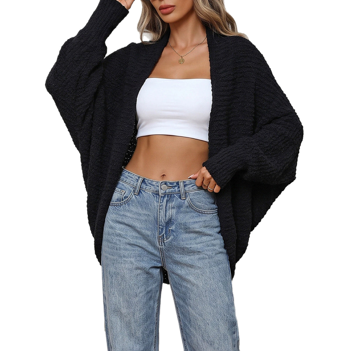 Women's Oversized Chunky Knit Batwing Long Cardigan Black
