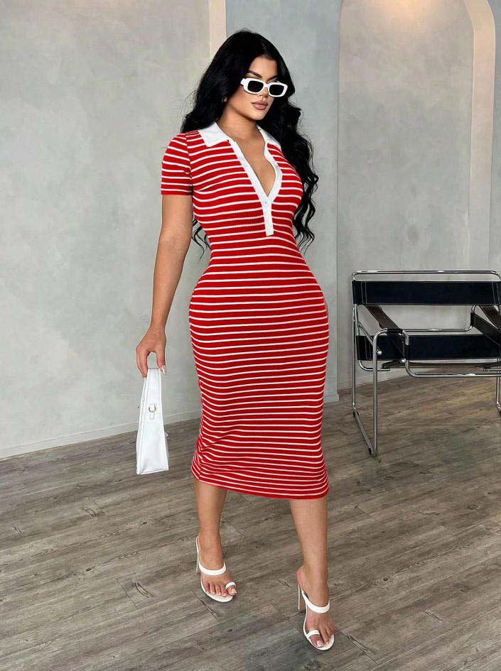 Striped Polo Collar Bodycon Midi Dress Short Sleeve Casual  Wear