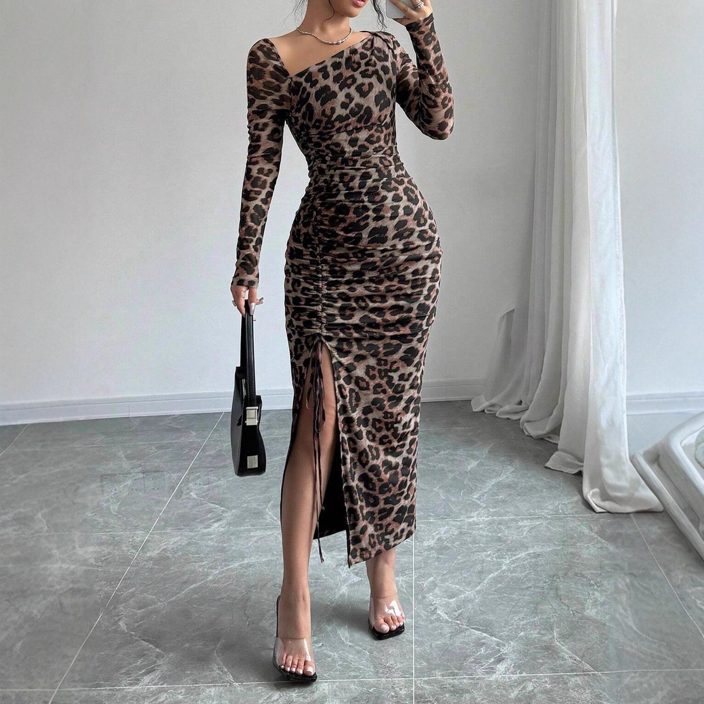 Women’s Leopard Print Bodycon Midi Dress Long Sleeve Ruched