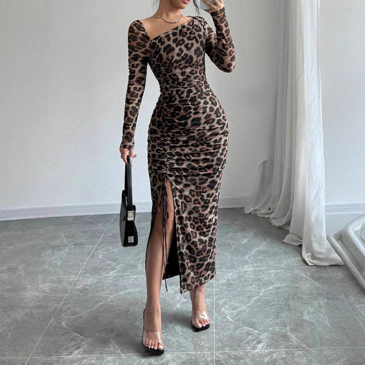 Women’s Leopard Print Bodycon Midi Dress Long Sleeve Ruched