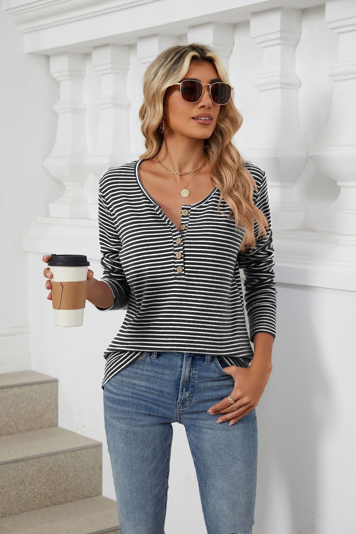 Women's Oversized Striped Henley Long Sleeve Top