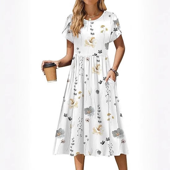 Boho Floral Midi Dress for Women Round Neck Short Sleeve
