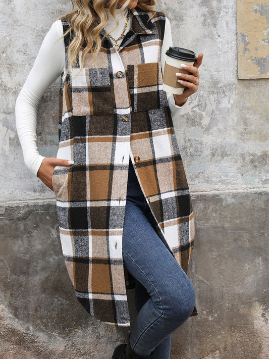 Women Plaid Sleeveless Open Front Long Cardigan Vest
