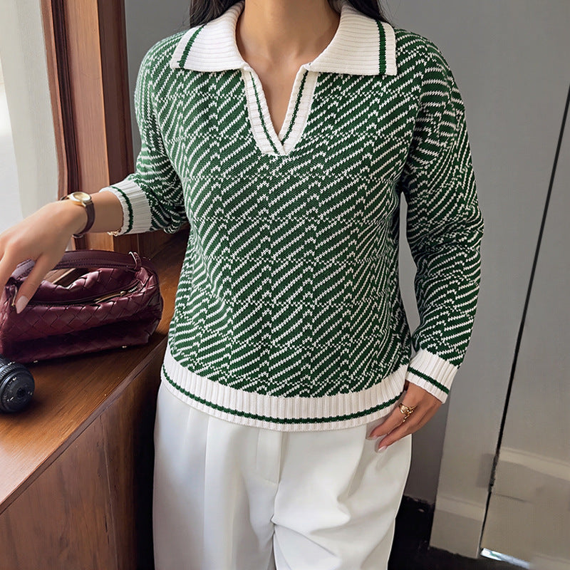 Contrast Polo Neck Knit Sweater Half Zip Casual Pullover