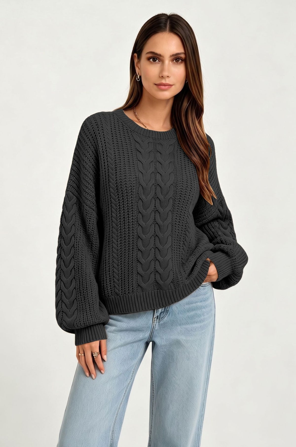 Women's Oversized Cable Knit Crew Neck Sweater