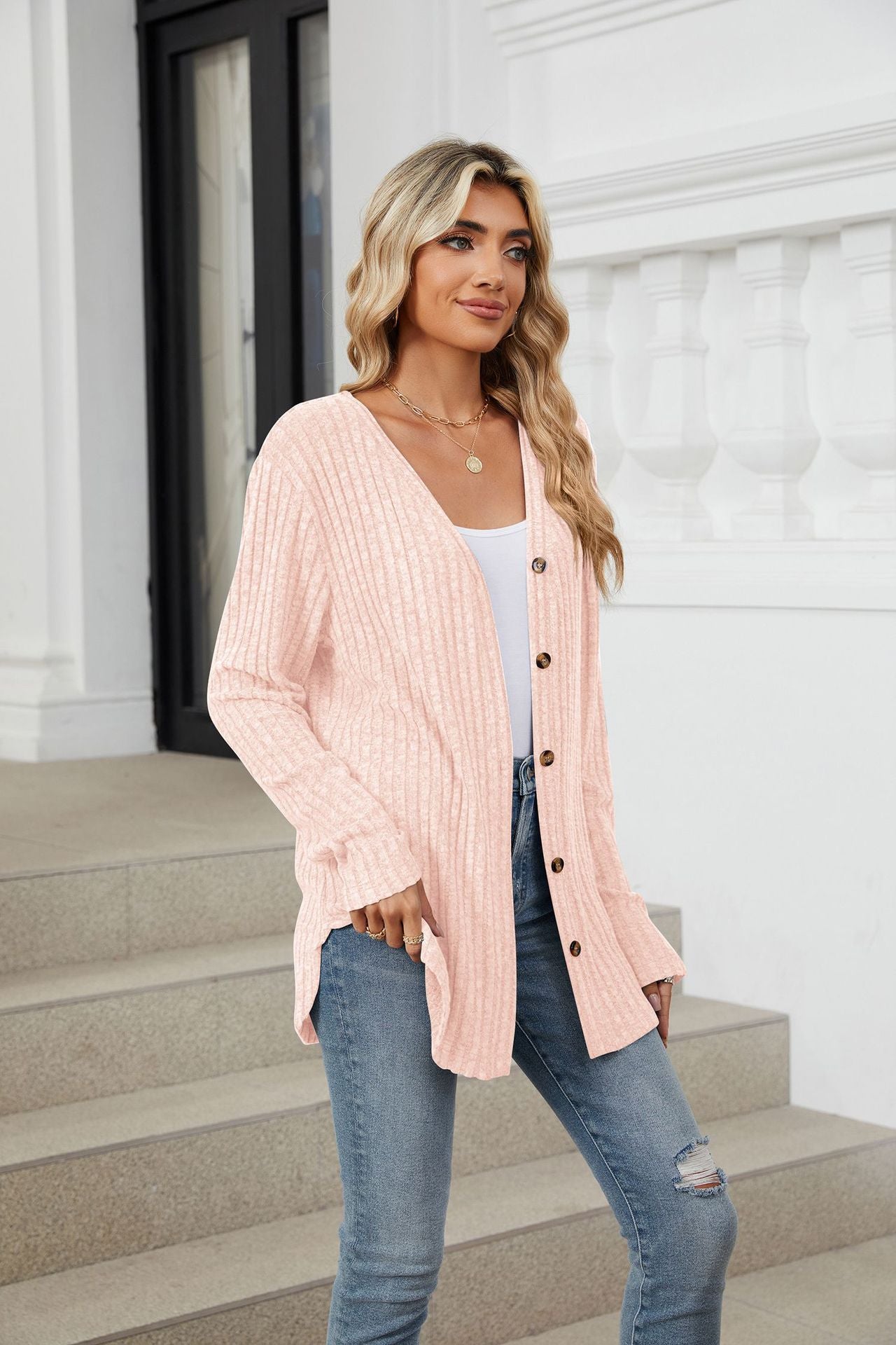 Solid Color Long Sleeve Button Cardigan Knitted