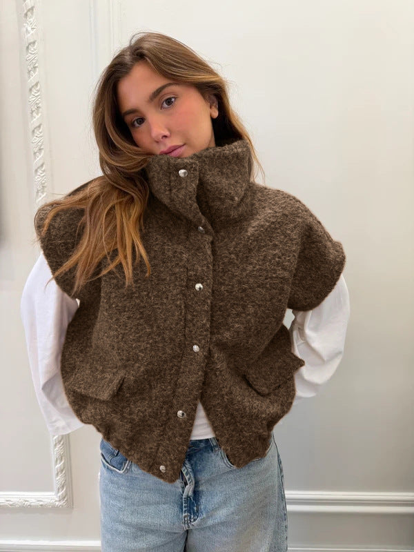 Women's Oversized Sherpa Fleece Vest Mock Neck Button Up